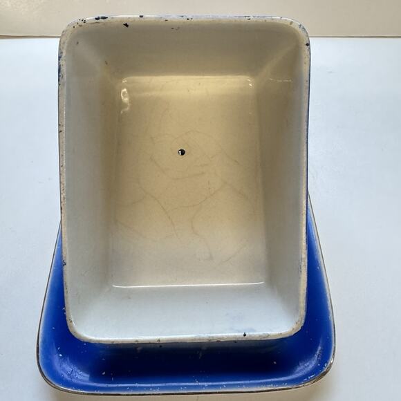 Vintage Art Deco Scotch Ivory Cheese Butter Dish Antique Tableware Blue Floral - Picture 4 of 10